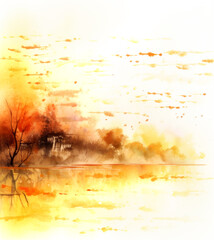 Chinese nature landscape painted in watercolor