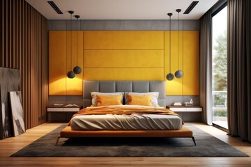 designer interior of contemporary bedroom with comfortable bed and luxurious finishings and LED lights