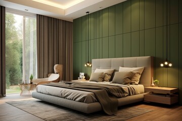 designer interior of contemporary bedroom with comfortable bed and luxurious finishings and LED lights