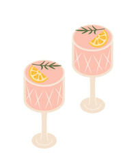 Cocktail in glass concept. Delicious tropical cold drinks, beverage. Poster or banner. Margarita with orange and herbs. Cartoon flat vector illustration isolated on white background