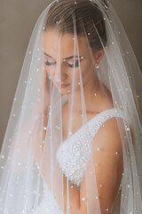 Beautiful white-haired bride under a veil close-up. Beautiful bride with modern makeup and...