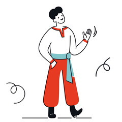 Flat vector illustration of a person. A man in traditional clothes waves his hand in greeting. Immigration. Ukrainian. Refugees. Simple line minimalism.