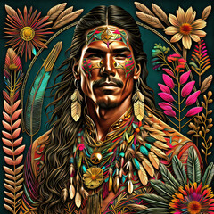 Western Wilderness man, Indigenous American, Illustration, trendy wildflower botanical elements, enclosed garden, vibrant colors, metallic thread.