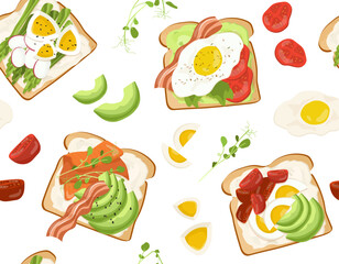 Seamless pattern with various toasts. Repeating design element for printing on fabric. Salad and eggs on fried bread. Bacon and seafood, tomatoes. Cartoon flat vector illustration