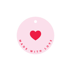 Red heart symbol label - made with love, sticker, pink background