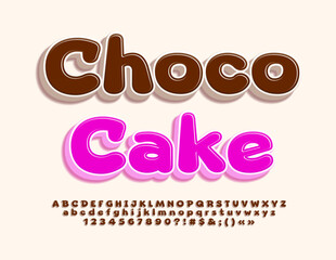 Vector creative advertisement  Choco Cake. Brown Glossy Font. Bright 3D Alphabet Letters and Numbers