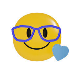 3D illustration of a yellow "smile" emoji wearing blue glasses with a blue heart beside it. Fun social media art. Internet reactions. Representation of people who wear glasses