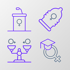 Set line Teacher, Gender equality, Condom and Debate podium rostrum icon. Vector