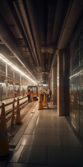 Naklejka premium Generative AI, subway tunnel, underground transport, high-speed train rails, construction, architecture, high-tech interior, speed, modern