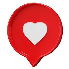 3D rendering, 3D illustration. Love, like social media notification icon. Heart inside of a red pin on transparent background. Minimal concept