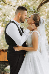 The bride and groom are standing and embracing in a beautiful yard. Wide angle photo of the sunset.