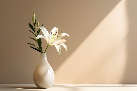 ceramic vase with fower on the table with shadows, light brown wall background, with copy space, minimal aesthetic interior decoration