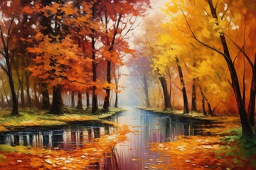 Autumn landscape: yellow, orange trees in the park, watercolor background. Generative AI