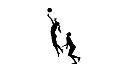 Fototapeta na wymiar Beach volleyball, a silhouette of two women playing beach volleyball. The first woman is jumping up to spike the ball, while the second woman is standing behind her, ready to receive the ball. 