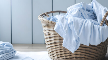 汚れた洗濯物が入ったバスケット、洗濯物｜pile of dirty clothes, laundry, Generative AI