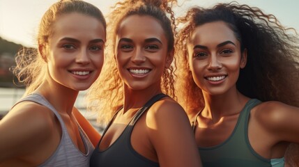 Fototapeta premium Happy female athletes wearing sports clothing. Generative AI