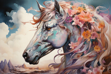 The watercolor Unicorn galloping through a dreamlike dreamscape, where the sky is a canvas of swirling colors, floating islands with peculiar flora and fauna, Generative Ai