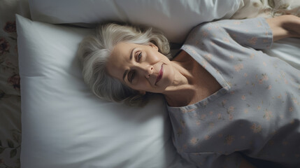 Fototapeta na wymiar Depressed middle aged woman lying in bed can't sleep late at morning with insomnia.