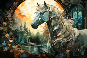 The watercolor Unicorn galloping through a dreamlike dreamscape, where the sky is a canvas of swirling colors, floating islands with peculiar flora and fauna, Generative Ai