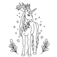Cute hand drawn unicorn with deer horns, hearts and twigs for greeting card, posters. Isolated on white background. Vector illustration of doodles.