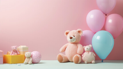 Whimsical Baby Toys and Teddy Bears on Toned Pink Background