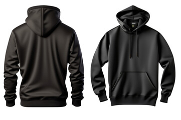 Set of Black front and back view tee hoodie hoody sweatshirt on transparent background cutout, PNG file. Mockup template for artwork graphic design