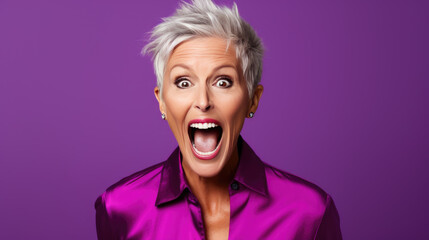 Middle aged woman stares in amazement at the camera with her eyes bulging and her mouth open on purple background.. - obrazy, fototapety, plakaty