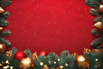 Fototapeta na wymiar Festive Christmas Wonderland - Xmas Tree and Sparkling Bokeh Lights on Red Canvas Background. Merry Christmas Card with Winter Holiday Theme. Happy New Year. Space for Text. created with Generative AI