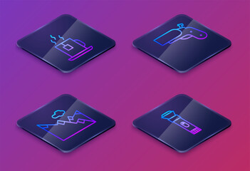 Set Isometric line Cup of tea with tea bag, Mountains, Flare gun pistol and Flashlight. Blue square button. Vector