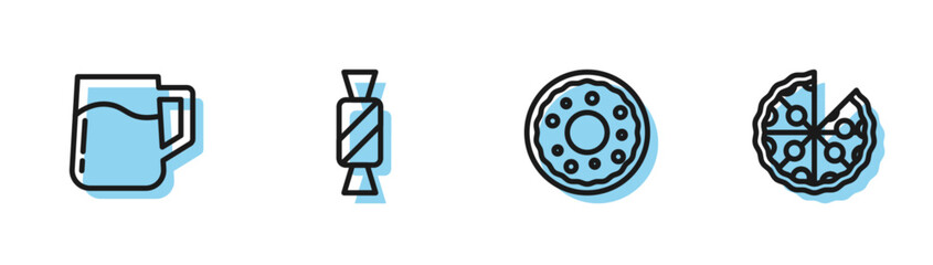 Set line Donut, Wooden beer mug, Candy and Pizza icon. Vector