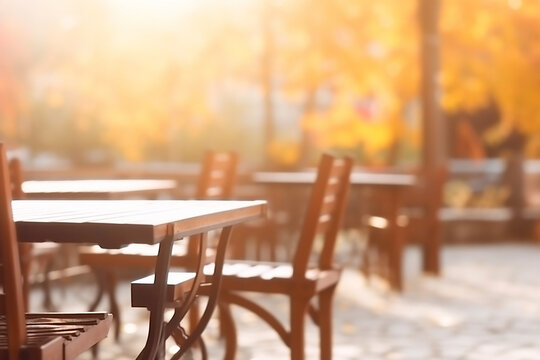 Empty tables terrace in the golden autumn. Generative AI