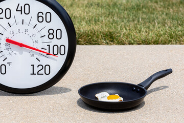 Cooking egg on sidewalk with thermometer in the sun during heatwave. Hot weather, high temperature...