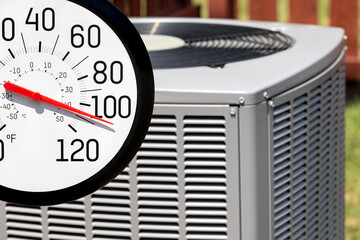 Outdoor thermometer in sun with air conditioner. Hot weather, HVAC maintenance, and home energy...