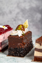 Various slices of cake. Tiramisu, chocolate and fruit cakes on gray background. Close up