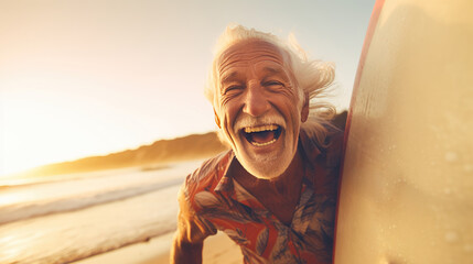 Surfer senior man having fun while surfing on beach with vintage surf board