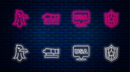 Set line Cannon, USA Independence day, Eagle and Shield with stars. Glowing neon icon on brick wall. Vector