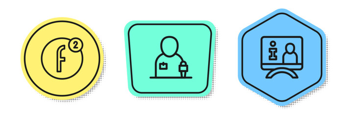 Set line Create account, Journalist news and Television report. Colored shapes. Vector