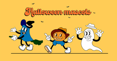 Funny halloween banner, vintage cartoon witch, scarecrow and ghost, retro mascots
