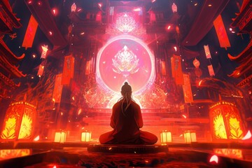 Zen monk in yoga lotus pose with flames and lightnings, Generative AI