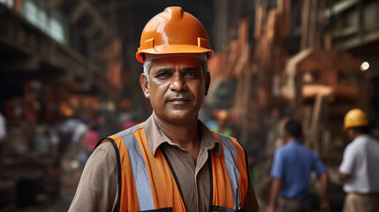 Factory worker wearing a safety helmet in the background of a production line.