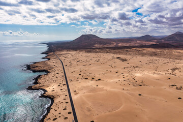 Fuerteventura, Corralejo sand dunes nature park. Beautiful Aerial Shot. Canary Islands, Spain....