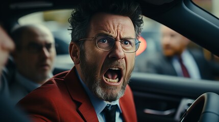 Angry male car driver yells at other drivers and pedestrians who obstruct traffic, mature adult businessman in a business suit is late for a business meeting in a car. Generative AI