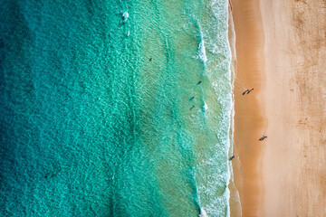 Beach with turquoise water on Fuerteventura island, Spain, Canary islands. Aerial view of sand beach, ocean texture background, top down view of beach by drone. Fuerteventura, Spain, Canary islands.