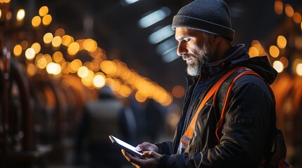 Worker using a tablet or computer for data entry in a factory, factory, worker, natural light, affinity, bright background. Generative AI