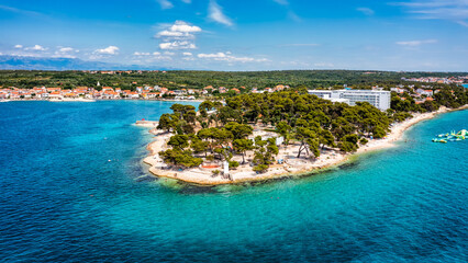 Petrcane village tourist destination coastline aerial panoramic view, Dalmatia region of Croatia....