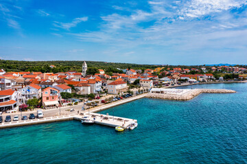 Petrcane village tourist destination coastline aerial panoramic view, Dalmatia region of Croatia....