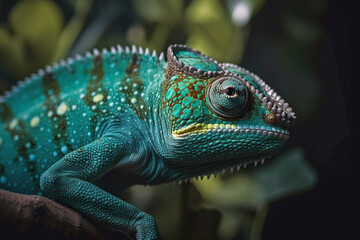 Obraz premium Green Chameleon on dark background.
