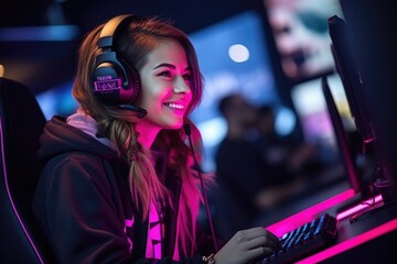 Streamer beautiful girl professional gamer playing online games computer. Generative AI