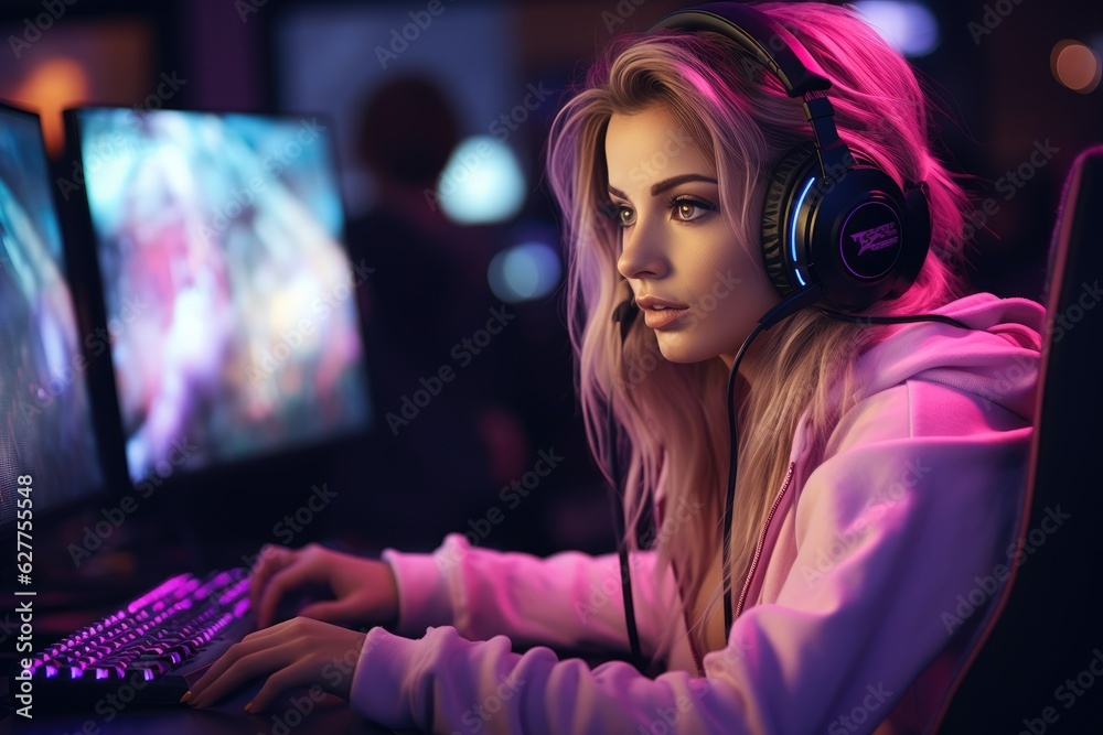 Wall mural streamer beautiful girl professional gamer playing online games computer.