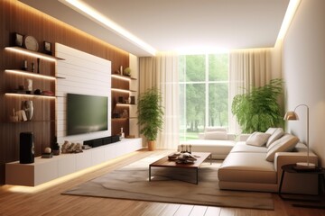 fabulous interior design of living room with details of couch and comfortable settings. luxurious furniture and high end design